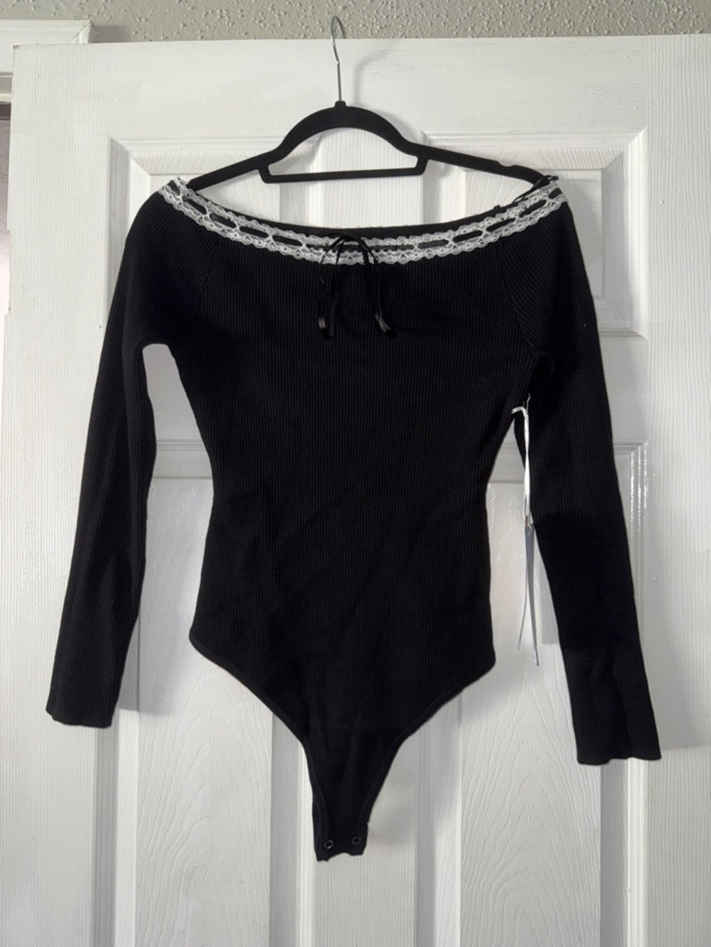 Sweet Rain Black Ribbed Bodysuit with White Lace Trim